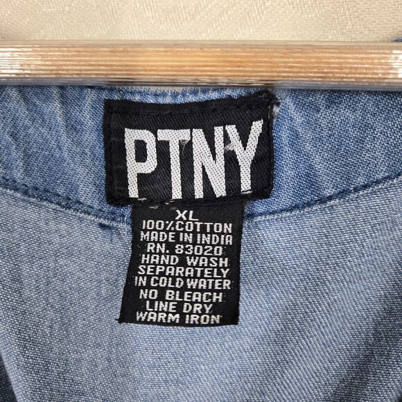 VTG PTNY Denim Jean Midi Dress Jumper XL Blue Cotton Sleeveless Painted Design - Picture 12 of 16